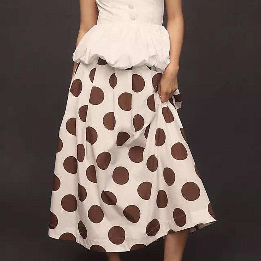 Maeve Cotton Poplin Pleated Midi Skirt White Brown Polka Dot XL